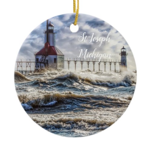 Storm At St Joseph Lighthouse Ceramic Ornament