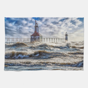 Storm At St Joseph Lighthouse Kitchen Towel