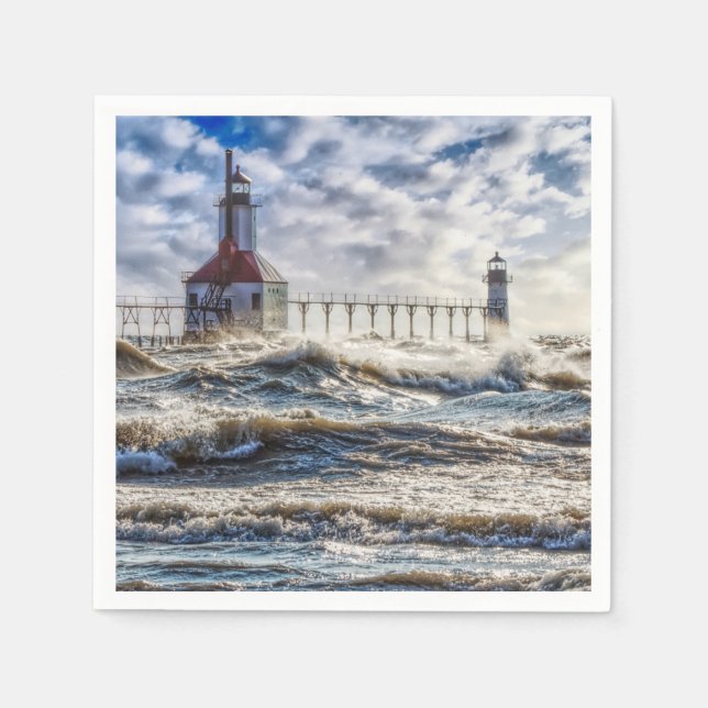 Storm At St Joseph Lighthouse Napkins (Front)