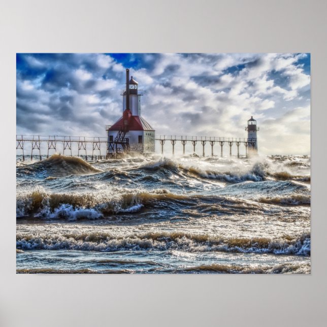 Storm At St Joseph Lighthouse Poster (Front)