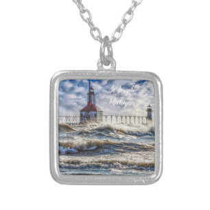 Storm At St Joseph Lighthouse Silver Plated Necklace