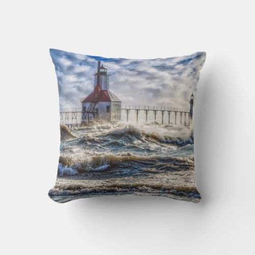 Storm At St Joseph Lighthouse Throw Pillow