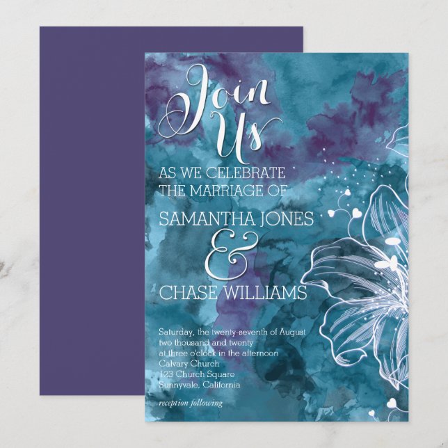 STORM BLUE WATERCOLOR HIBISCUS WEDDING INVITATION (Front/Back)