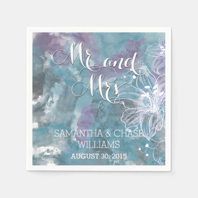 STORM BLUE WATERCOLOR HIBISCUS WEDDING NAPKINS (Front)