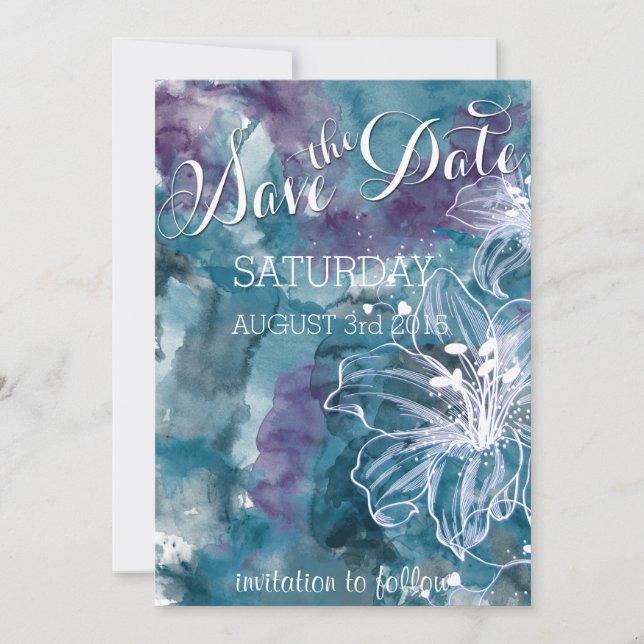 STORM BLUE WATERCOLOR HIBISCUS WEDDING SAVE THE DATE (Front)