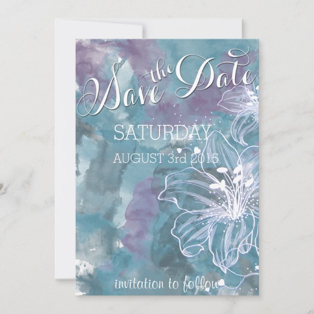 STORM BLUE WATERCOLOR HIBISCUS WEDDING SAVE THE DATE (Front)