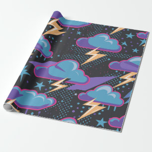 Storm Clouds, Lightning Bolts, and Stars Pattern Wrapping Paper
