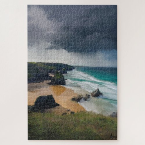 Storm clouds over Bedruthan Steps Cornwall Jigsaw Puzzle
