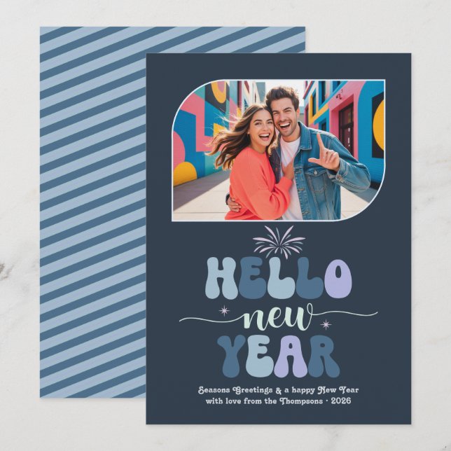 Storm Glow Hello New Year Blue Retro Photo Holiday Card (Front/Back)