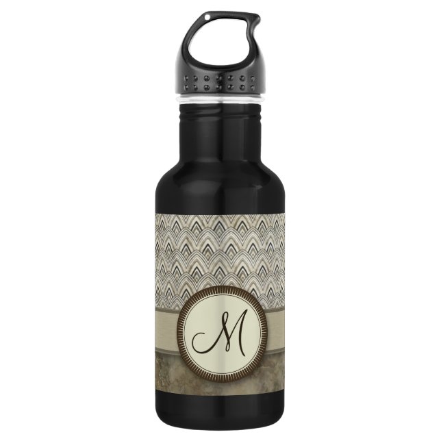 Storm Grey Feather Pattern with Monogram Stainless Steel Water Bottle (Front)