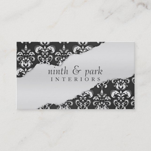 Storm Grey Ripped Damask Interior Design Business Card (Front)