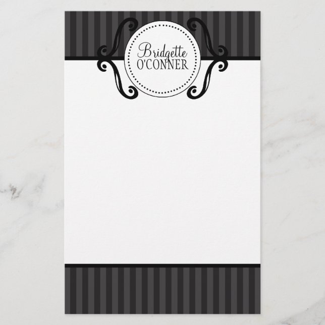 Storm Grey Unlined Charming Striped Personalized Stationery (Front)