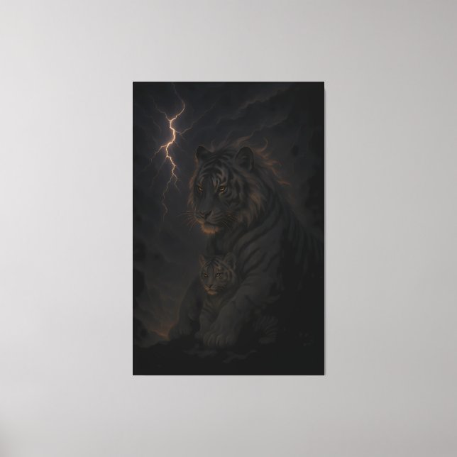 Storm Guardian Tiger & Cub – Dark Fantasy Animal A Canvas Print (Front)