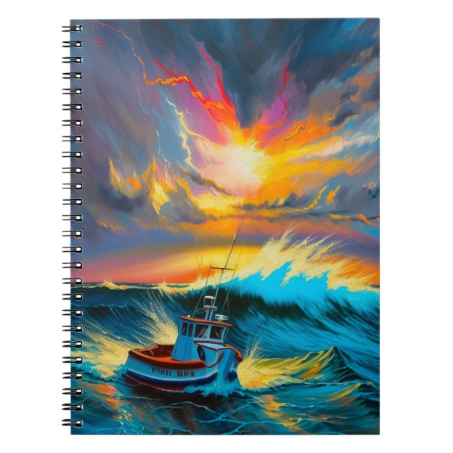 Storm Ocean Boat Striking Colorful Waves Notebook (Front)