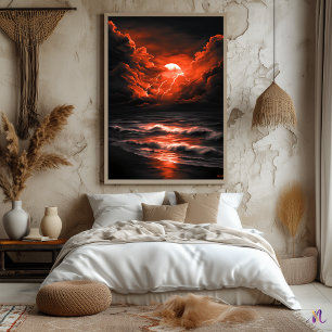 Storm Over the Crimson Moon – Monochrome Poster