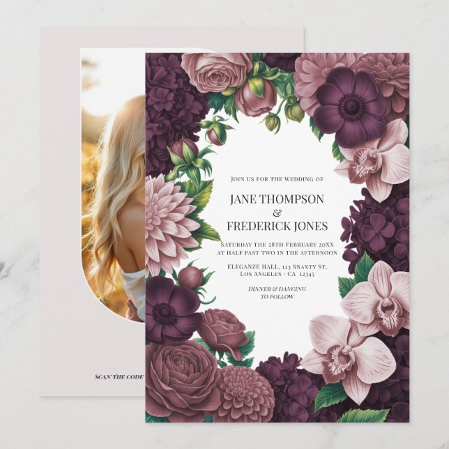 Storm Plum, Graphite Rose & Antique Blush Wedding Invitation (Front/Back)