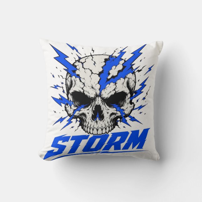 Storm Skull Lightning Bolt Throw Pillow (Front)