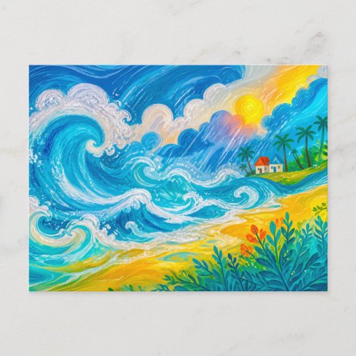Storm waves crashing near beach house postcard