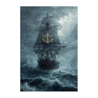 Stormbound Ship with Golden Anchor Emblem Wall Art