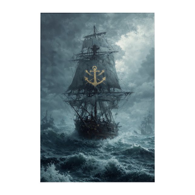 Stormbound Ship with Golden Anchor Emblem Wall Art (Front)