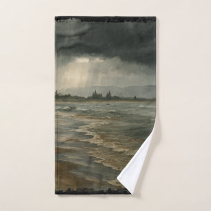 Stormy Beach Watercolor Scene – Moody Coastal View Hand Towel