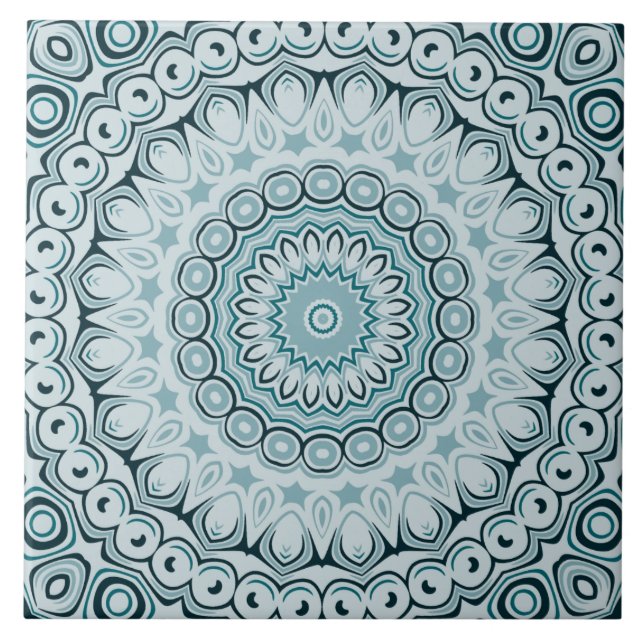 Stormy Blue and Gray Mandala Pattern Ceramic Tile (Front)
