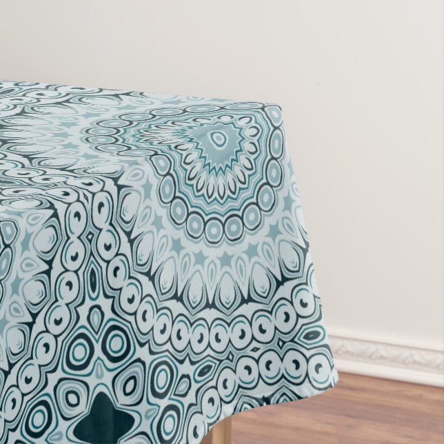 Stormy Blue and Gray Mandala Pattern Tablecloth (In Situ)