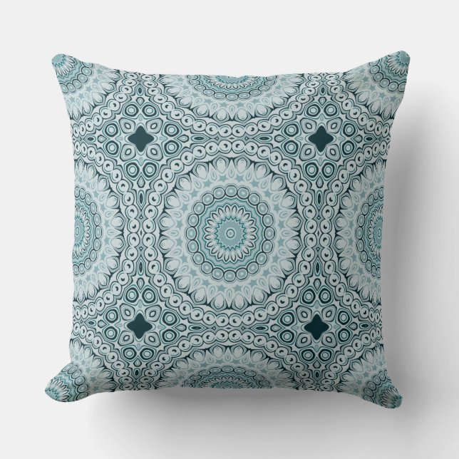 Stormy Blue and Gray Mandala Pattern Throw Pillow (Front)