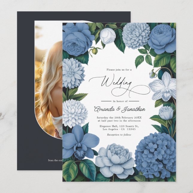 Stormy Blue, Steel Mist & Winter Pearl Wedding Invitation (Front/Back)