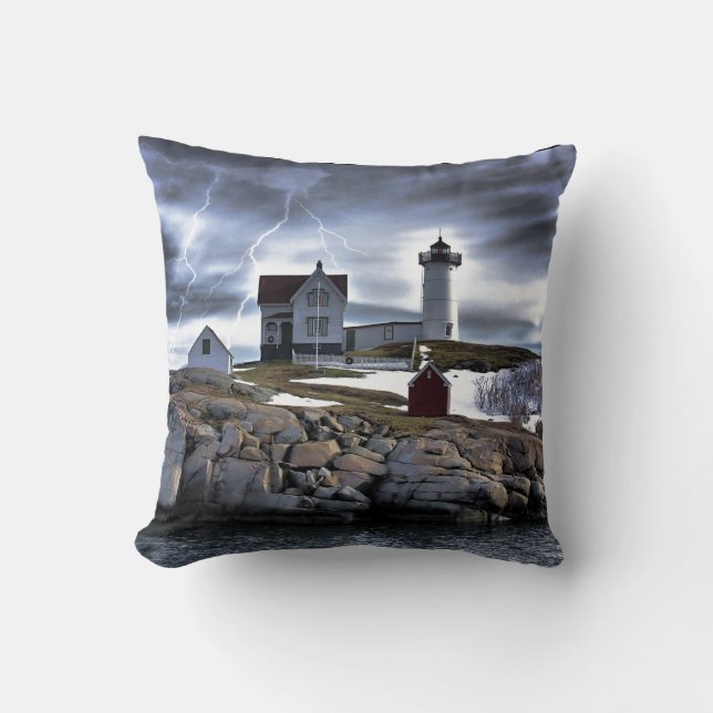 Stormy Cape Neddick "Nubble" light house Throw Pillow (Front)