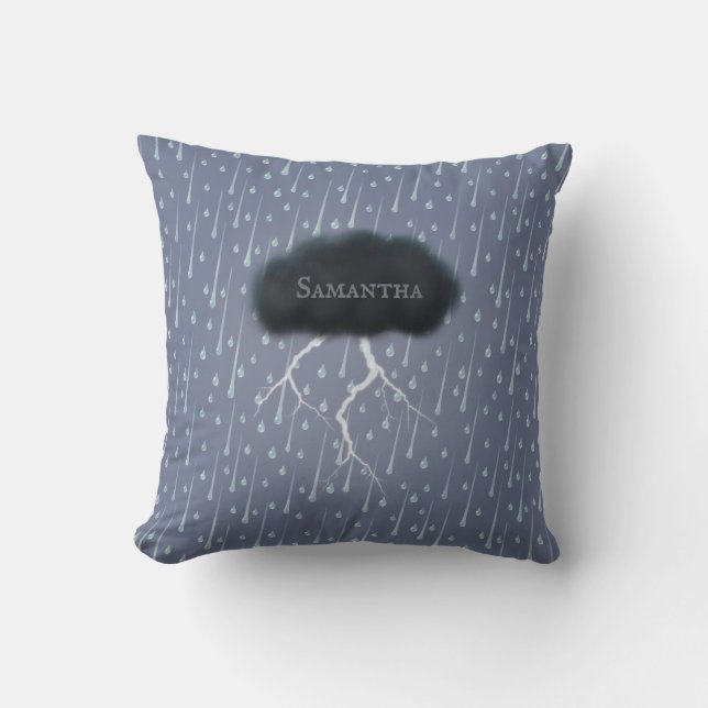 Stormy Day Thunder Cloud & Rain Customized Blue Throw Pillow (Front)