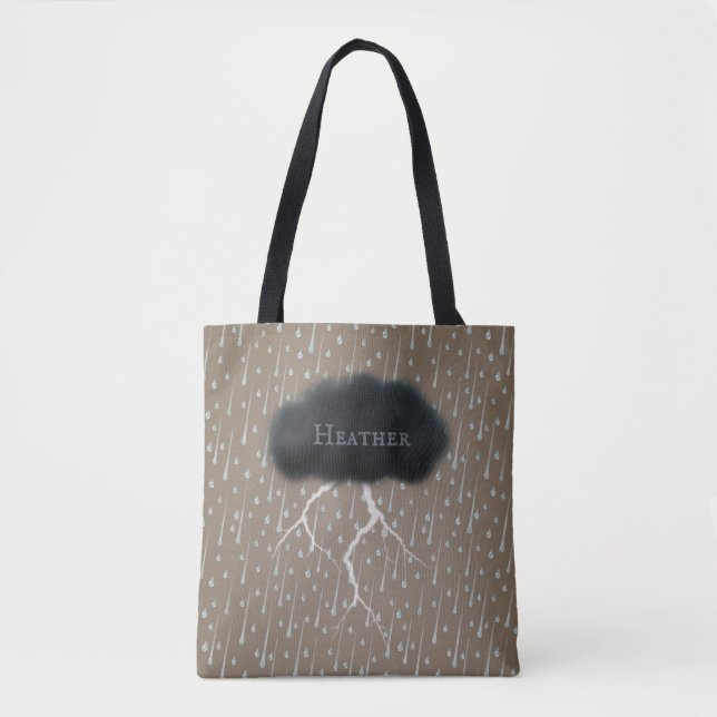 Stormy Day Thunder Cloud & Rain Customized Brown Tote Bag (Front)