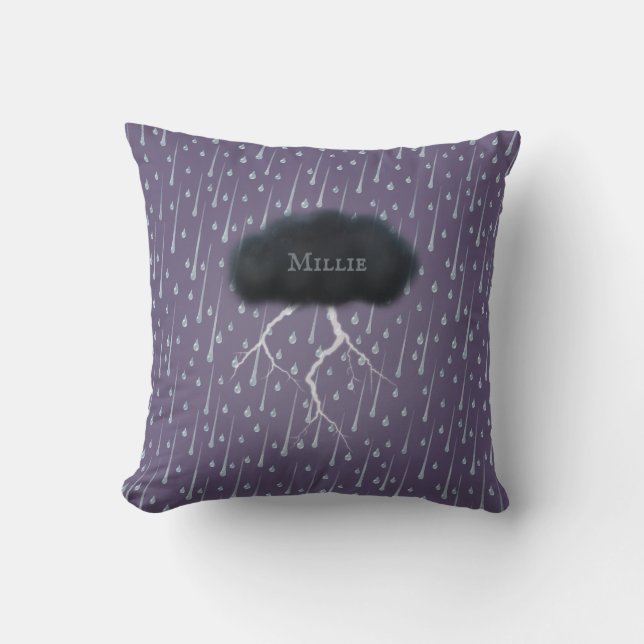 Stormy Day Thunder Cloud & Rain Customized Purple Throw Pillow (Front)