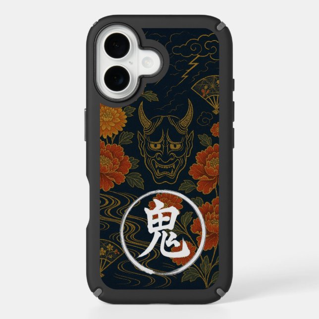 Stormy Elegance: Oni Mask & Flowers Speck iPhone Case (Front)