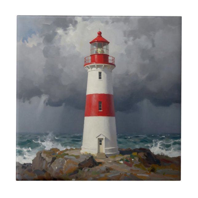 Stormy Red Lighthouse Coastal  Ceramic Tile (Front)