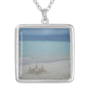Stormy Sandcastle Beach Landscape Photo Silver Plated Necklace