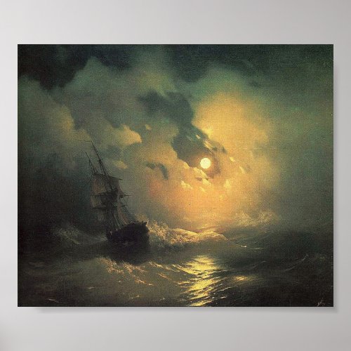 Stormy Sea at Night Seascape Painting Poster