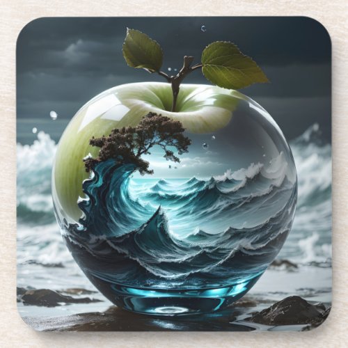 Stormy Sea in Translucent Glass Apple Beverage Coaster