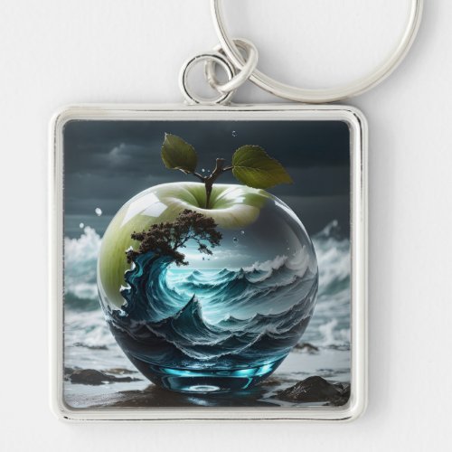 Stormy Sea in Translucent Glass Apple Keychain