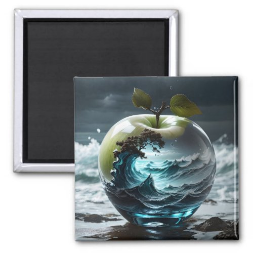 Stormy Sea in Translucent Glass Apple Magnet