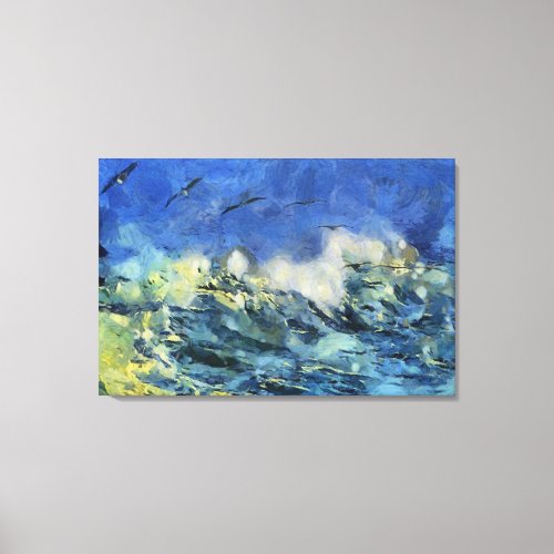 Stormy Sea with Seagulls in Blue and Yellow Canvas Print