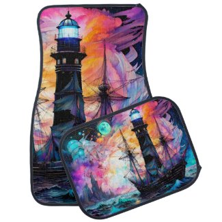 Stormy seas, boat lighthouse Moon Abstract
