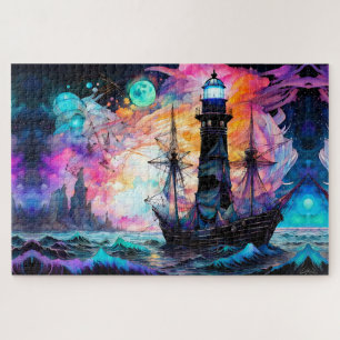 Stormy seas, boat lighthouse Moon Abstract Jigsaw Puzzle