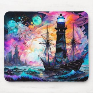 Stormy seas, boat lighthouse Moon Abstract