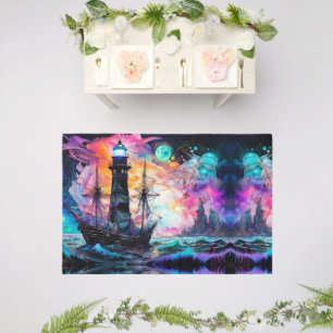 Stormy seas, boat lighthouse Moon Abstract Outdoor Rug