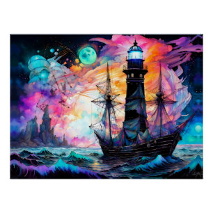 Stormy seas, boat lighthouse Moon Abstract Poster