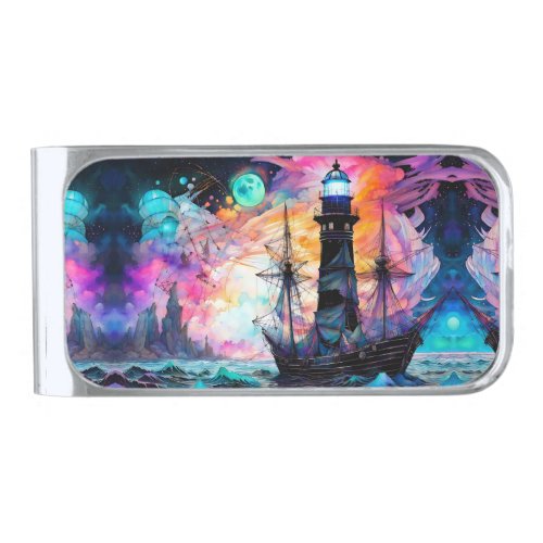 Stormy seas boat lighthouse Moon Abstract Silver Finish Money Clip