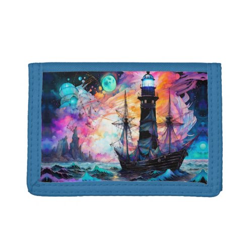 Stormy seas boat lighthouse Moon Abstract Trifold Wallet