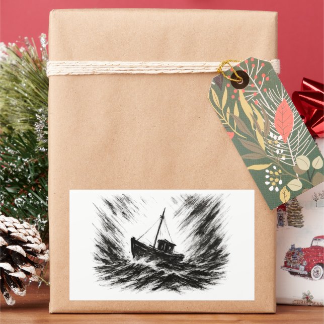 Stormy Seas Ink Boat Battling the Waves Art on  Rectangular Sticker (Holiday)