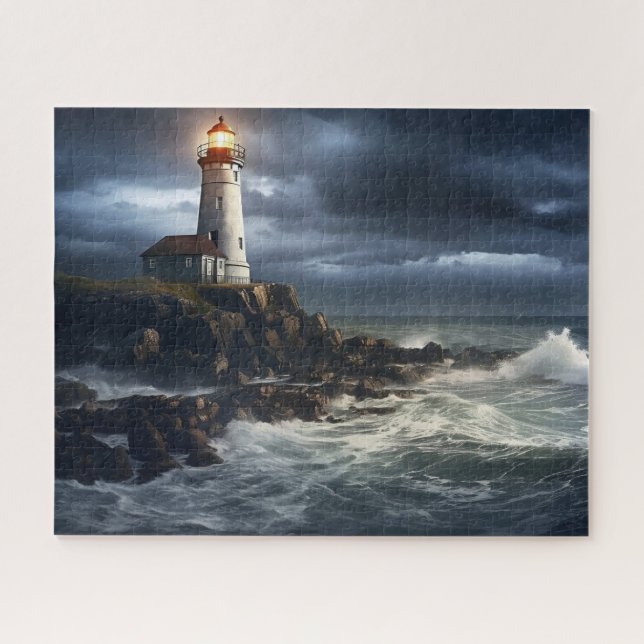 Stormy Seas Lighthouse: 16" x 20" Coastal Jigsaw Puzzle (Horizontal)